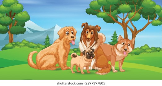 Jungle with Dogs family cartoon character design eps vector