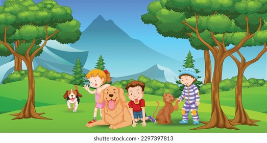 Jungle with Dogs family cartoon character design eps vector