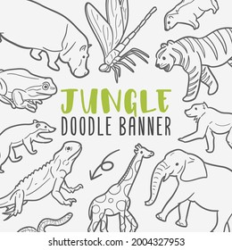 Jungle Doodle Banner Icon. Wildlife Animals Vector Illustration Hand Drawn Art. Line Symbols Sketch Background.