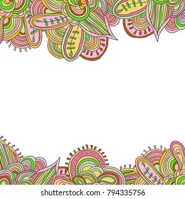 Jungle doodle pattern, vector illustration in green, pink and yellow colors.