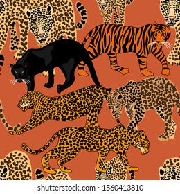 	
Jungle dreams.  Seamless vector animal print. Repeating design with leopards, tigers ang cougars. Ethnic textile collection. Brown, golden, black.