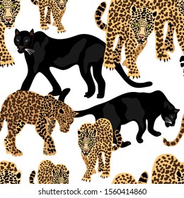 	
Jungle dreams.  Seamless vector animal print. Repeating design with leopards and cougars. Ethnic textile collection. Brown, golden, white.