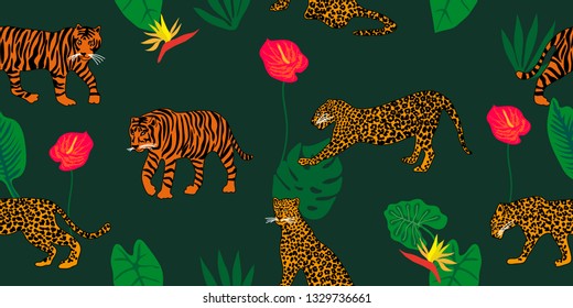 Jungle dreams. Seamless vector border with tiger, leopards and tropical plants. Safari textile collection. On green backgroung.