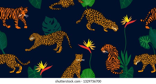 Jungle dreams. Seamless vector border with tiger, leopards and tropical plants. Safari textile collection. On black backgroung.