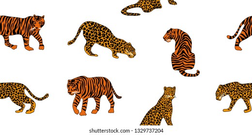 Jungle dreams. Seamless vector border with tiger and leopards. Safari textile collection. On white backgroung.