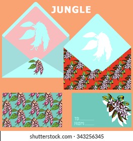 Jungle Eco Envelopes and Postcards Set. Vector Organic Illustration with Pattern and Text.