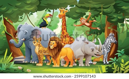 Jungle with elephant, giraffe, monkey, zebra, and more animals. Vector cartoon illustration