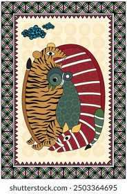 Jungle Encounter: A Dynamic Gond Artwork of Tiger, Bird, and Pig. Gond tiger bird pig painting, Indian folk art jungle animals, Tribal wildlife artwork
Gond nature painting, Unique Gond art.