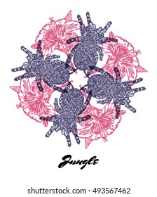 Jungle engraved fractal composition. Colored composition with Jungle fauna and flora. Vector Illustration.