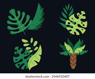 Jungle exotic flora tree palm leaves tropic plant isolated set. Vector flat graphic design cartoon illustration
