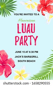 Flores exóticas de jungla y hojas de palma. Ilustración vectorial de invitación del partido Luau de Hawaii. Colocar texto. Plantilla estacional para vacaciones, afiche, pancarta, volante.