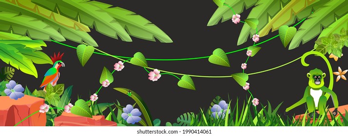 Jungle exotic plants and animals, monkey, parrot, banner horizontal vector illustration