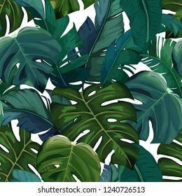 Jungle exotic seamless pattern, green tropical leaves, summer vector illustration on white background. Watercolor style