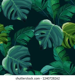 Jungle exotic seamless pattern, green tropical leaves, summer vector illustration. Watercolor style
