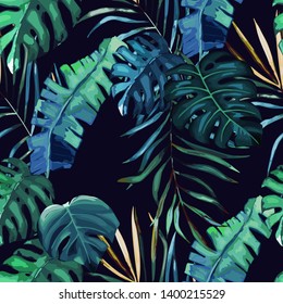 Jungle exotic seamless pattern, green tropical leaves, summer vector illustration . Watercolor style