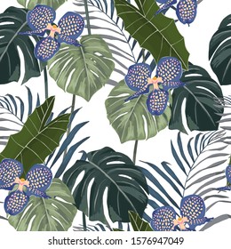 Dschungelexotisches, nahtloses Muster, grüne tropische Blätter und Orchideen, Sommergrafik der Vektorillustration auf weißem Hintergrund.