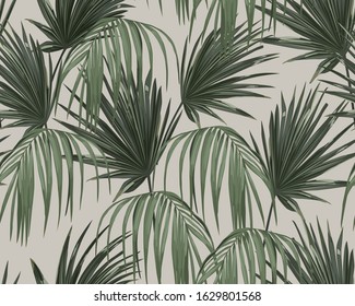 Jungle exotic seamless pattern, green tropical leaves, summer vector illustration on grey background. Retro print. Vintage wallpaper