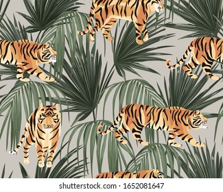 Jungle exotic seamless pattern, green tropical leaves and tigers, summer vector illustration on grey background. Retro animal print. Vintage wallpaper