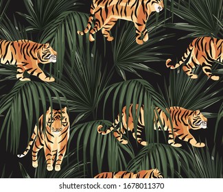 Jungle exotic seamless pattern, green tropical leaves and tigers, summer vector illustration on black background. Retro animal print. Vintage wallpaper