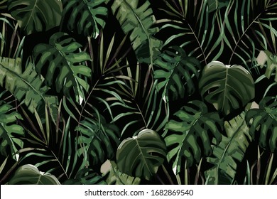 Jungle exotic seamless pattern, green tropical leaves, summer vector illustration on white background. 