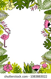 Jungle, Exotic tropical palm monstera,  toucan bird, leaves  frame, card template Africa. Space for text 