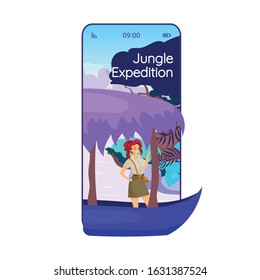 Jungle expedition cartoon smartphone vector app screen. Trip, journey. Mobile phone displays with flat character design mockup. Rainforest exploration application telephone cute interface