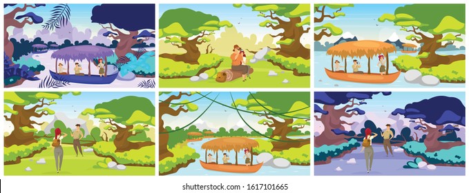 Jungle expedition flat vector illustration. Tourists journey to tropical forest. Couple sitting on log. Trekkers observe panoramic landscape. Group in boat on river. Female and male cartoon characters