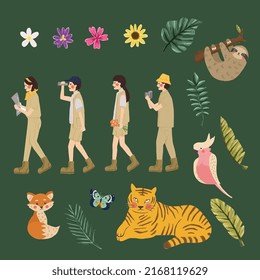 Jungle Explorer Cute Illustration Set- Scout Wildlife Tiger Fox Sloth Bird