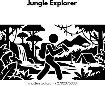 Jungle Explorer Icon with Backpack and Binoculars in Tropical Rainforest Landscape