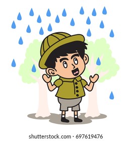 Jungle Explorer kid cartoon series. Adventure kid illustration concept of pouring rain.