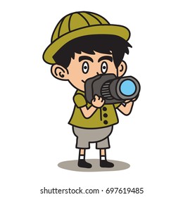 Jungle Explorer kid cartoon series. Adventure kid illustration concept of taking picture.