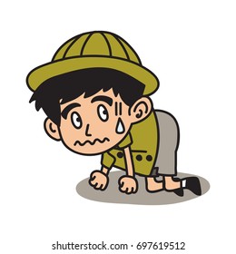 Jungle Explorer kid cartoon series. Adventure kid illustration concept of scared pose