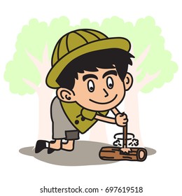 Jungle Explorer kid cartoon series. Adventure kid illustration concept of making fire