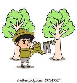 Jungle Explorer kid cartoon series. Adventure kid illustration concept of hanging clothes.