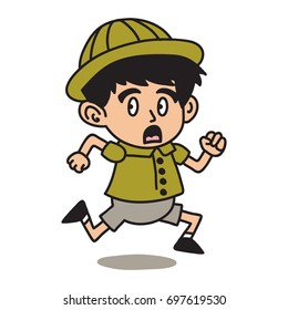 Jungle Explorer kid cartoon series. Adventure kid illustration concept of running scared.