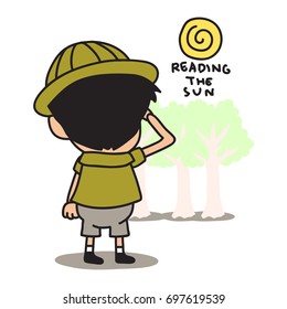 Jungle Explorer kid cartoon series. Adventure kid illustration concept of kid reading the Sun, looking for direction