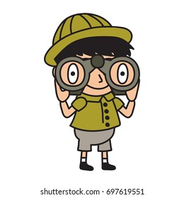 Jungle Explorer kid cartoon series. Adventure kid illustration concept of looking through a binocular