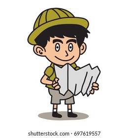 Jungle Explorer kid cartoon series. Adventure kid illustration concept of looking at a map