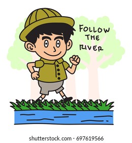 Jungle Explorer kid cartoon series. Adventure kid illustration concept of walking on a river bank