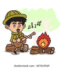 Jungle Explorer kid cartoon series. Adventure kid illustration concept of singing by the bonfire