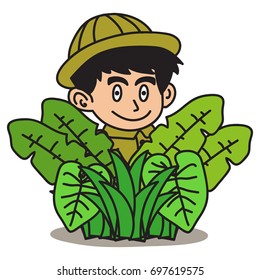 Jungle Explorer kid cartoon series. Adventure kid illustration concept of hiding in the bushes