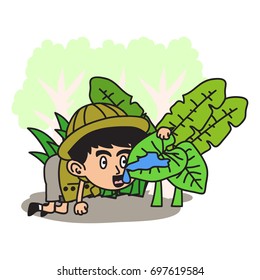 Jungle Explorer kid cartoon series. Adventure kid illustration concept of finding drinking water