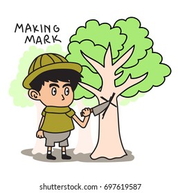 Jungle Explorer kid cartoon series. Adventure kid illustration concept of making mark on tree