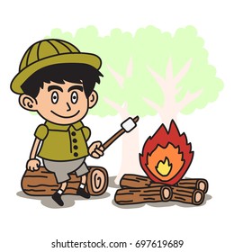 Jungle Explorer kid cartoon series. Adventure kid illustration concept of roasting marsmallow