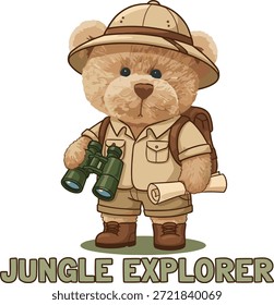 Ilustración vectorial de oso de peluche del explorador de la selva, aventurero lindo del oso del safari con los binoculares, mapa y sombrero del pitch, carácter plano del explorador del diseño en el fondo blanco.