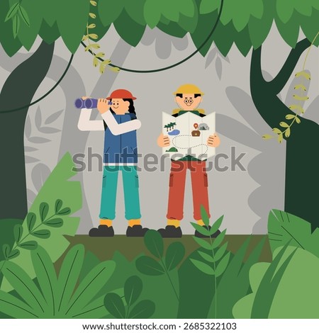 Jungle Explorers with Map and Binoculars Illustration