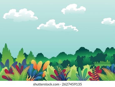 Jungle fairytale. Colorful jungle hand drawn horizontal wallpaper, background for children. Grass on green lawn. Hand drawn nature vector illustration