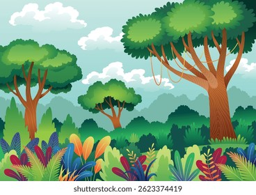 Jungle sprookje. Bos- of tuinachtergrond voor kinderen. Kleurrijke jungle hand getekend horizontaal behang. Bomen en gras op groen gras. Hand getekende natuur vector illustratie
