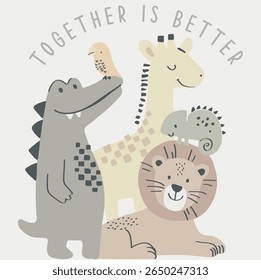 Jungle family Vector, animal are together is better, in colorful flat cartoon style. Doodle animals,crocodile, lion, giraffe, birds, chameleon in rest area, vector graphic design for apparel, stickers