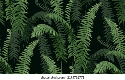 Jungle fern. Vintage seamless pattern with tropical plants on a black background. Leaves in realistic style. Vector botanical illustration. Hawaiian foliage design.